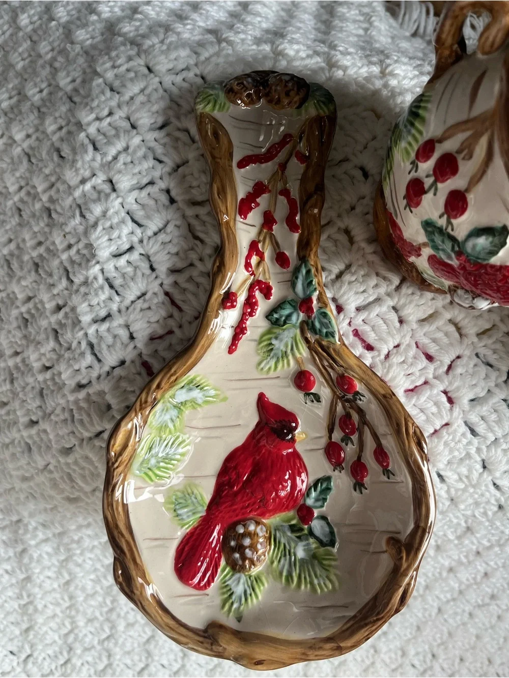 Christmas Traditions Red Cardinal Bird Sugar Bowl, Creamer Set and Spoon Rest